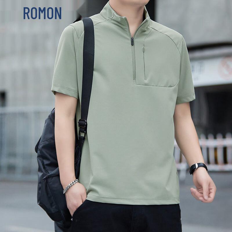 ROMON Men s Loose Fit Quick-Dry Cool Touch Stand Collar Short Sleeve T-Shirt L