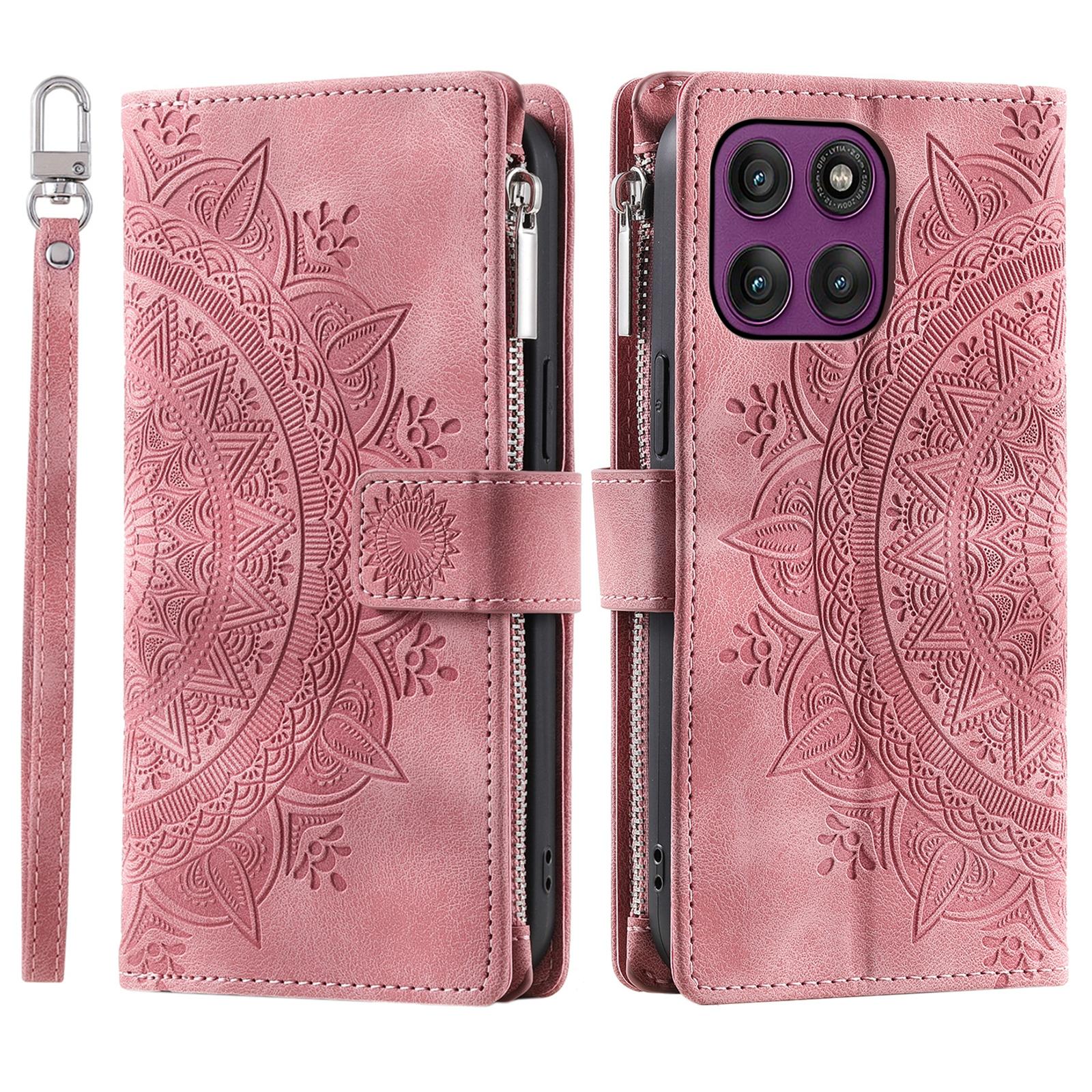 

For Motorola Edge 60 Pro 5G Wallet Case Mandala Flower Pattern PU Leather Phone Cover with Wrist Strap Rose Gold