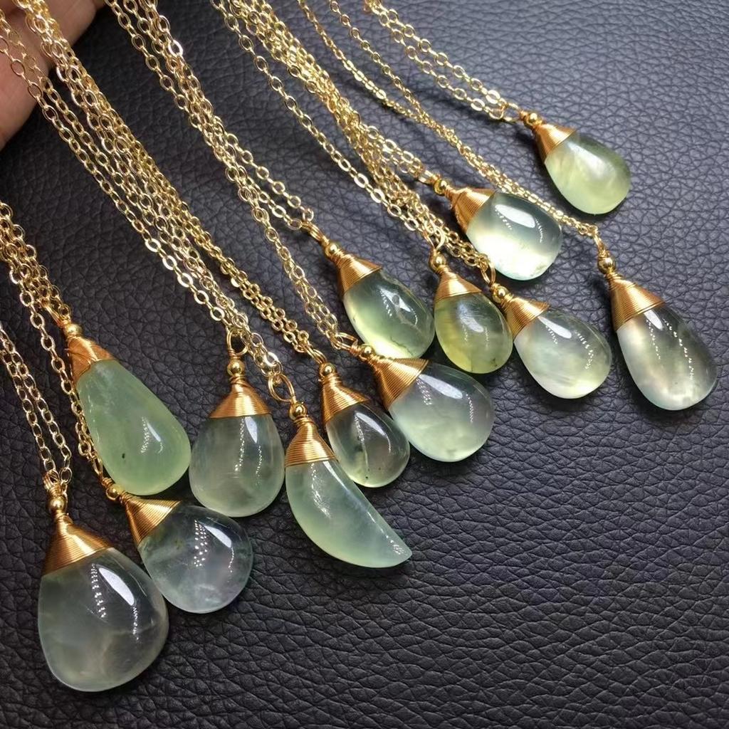 Initial 925 Sterling Silver 18K Gold Plated Fashion Gemstone Natural Prehnite Hand Wound Pendant Necklace
