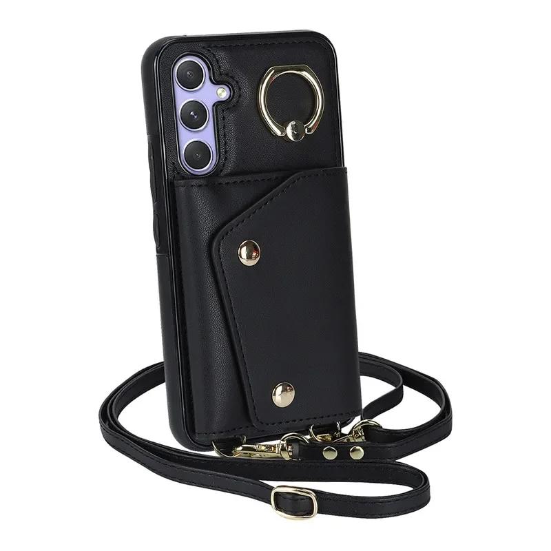 Crossbody Ring Leather Zip Wallet Phone Case for Samsung Galaxy S26 Ultra S25 FE S24 Plus S23 S22 S21 Note 20 Lanyard Cover Bag