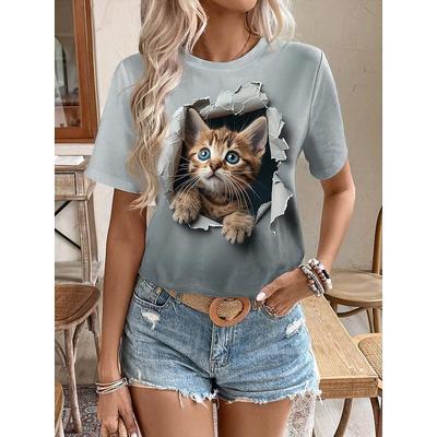 Top de vară cu gât rotund și imprimeu 3D cu pisică, tricouri de damă la modă și casual cu mânecă scurtă