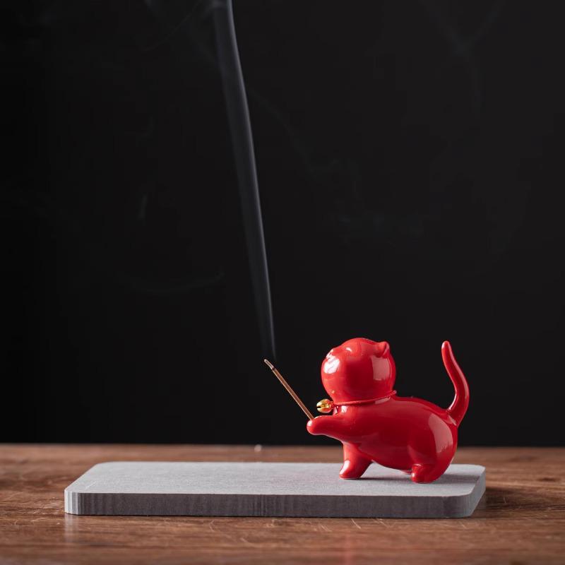Ceramic Cat Incense Holder - Cute Aroma Burner for Home and Office