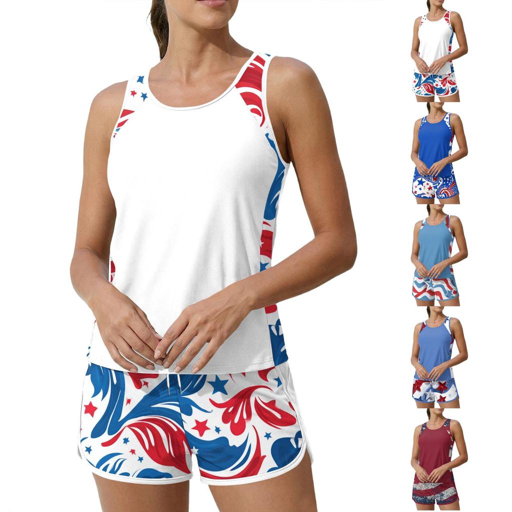 Womens Tankini Bathing Suits Two Piece Flag Print Athletic Tank Top with Boyshorts Modest Coverage Swimwear Set