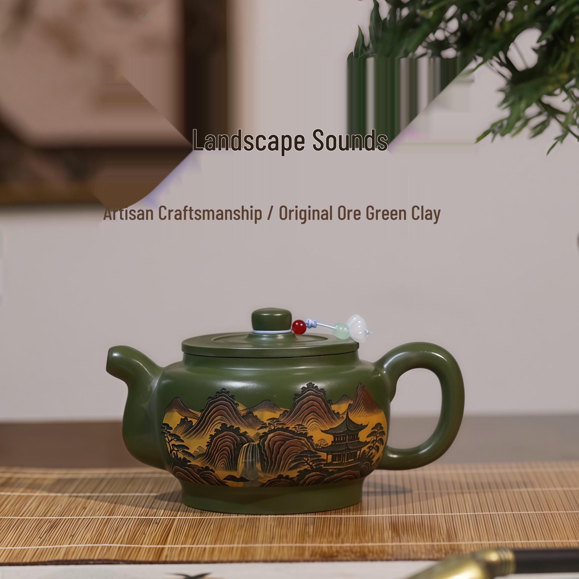 Famous Artist Handmade Yixing Zisha Green Clay Teapot with Landscape Design - Qingyin Tea Gift Set 330cc