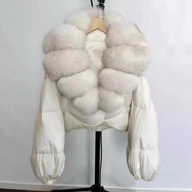 Big fox fur collar new high-end fur white duck down foreign gas down jacket high waist short coat