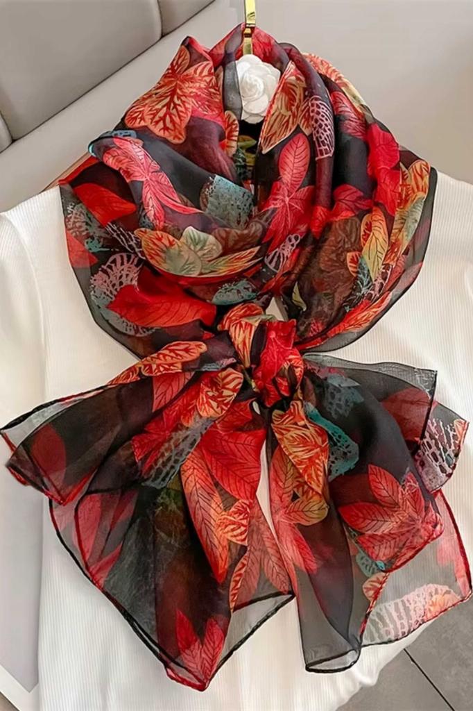 Black Scarf with a Colorful Leaf Pattern - Autumn Accent with a Touch of Exoticism