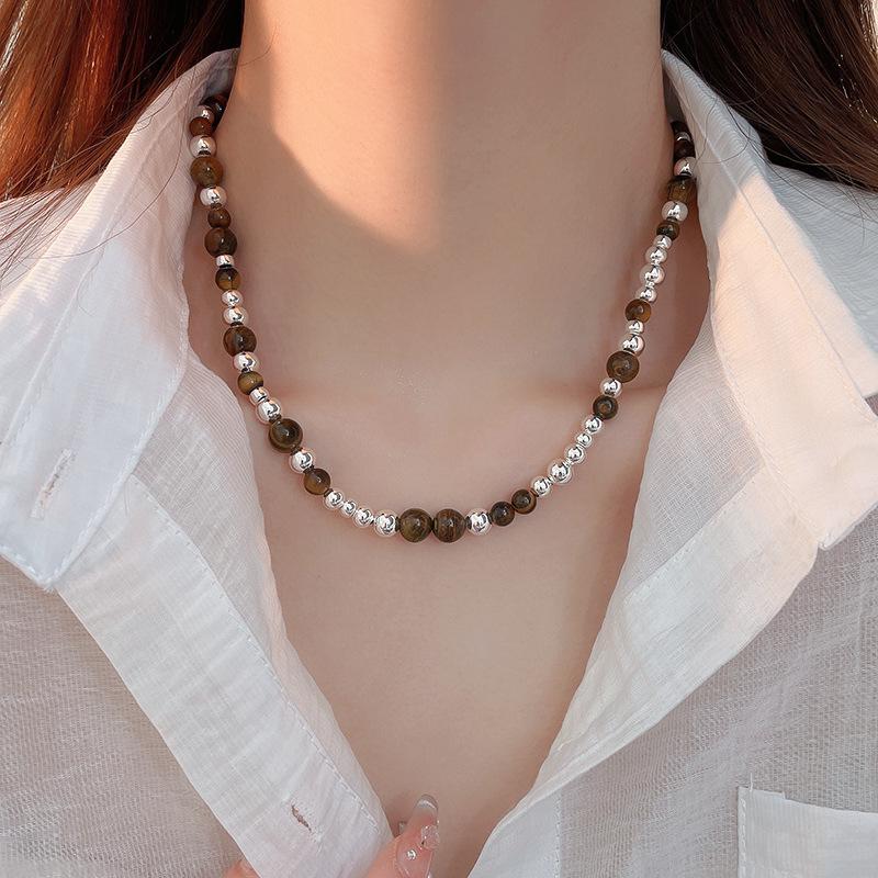 Pearl Tiger Eye Pendant Necklace - Retro Sweater Chain with Simple, Elegant Design for Women