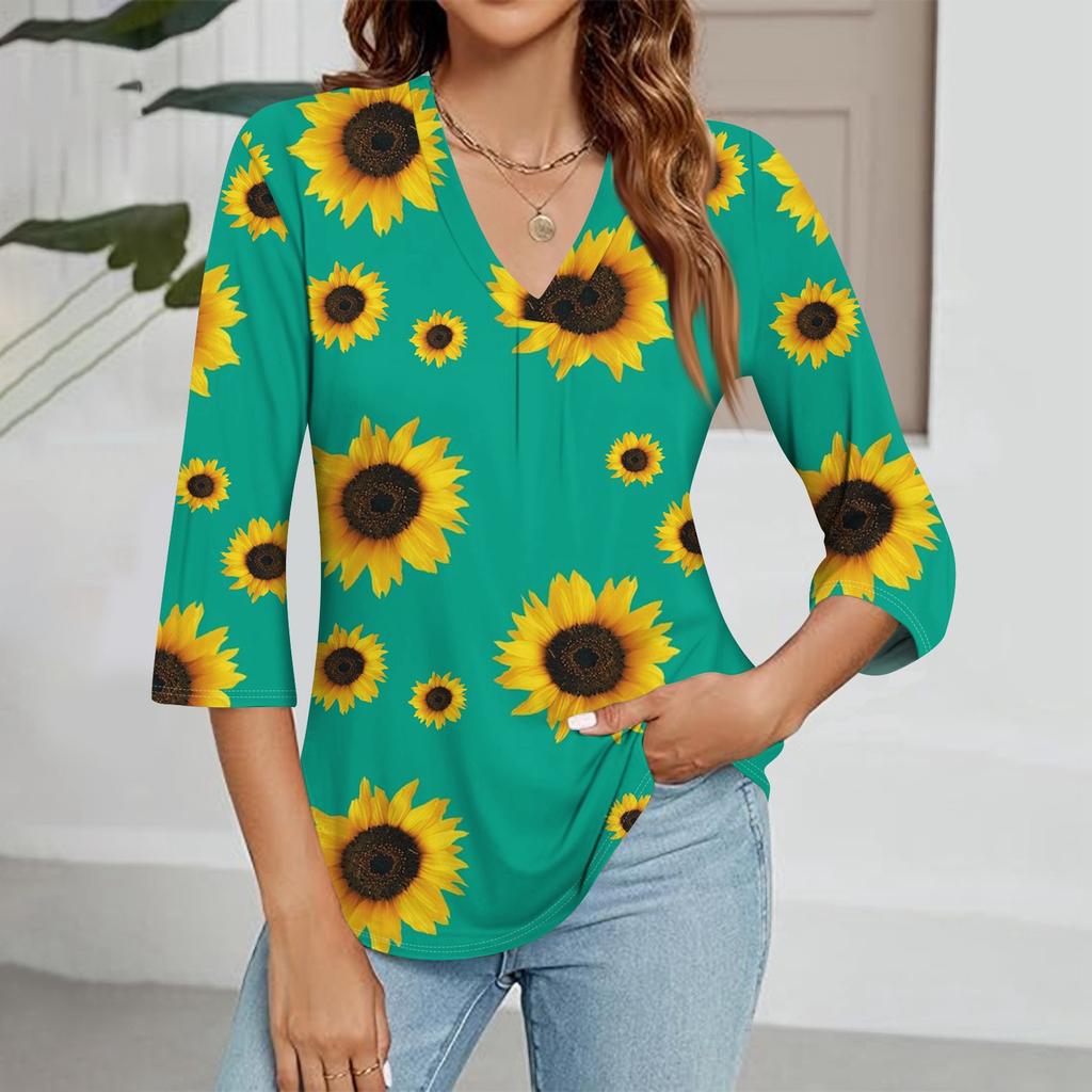 Modisches Oberteil mit V-Ausschnitt, Farbverlauf-Print und Dreiviertelärmeln für Damen