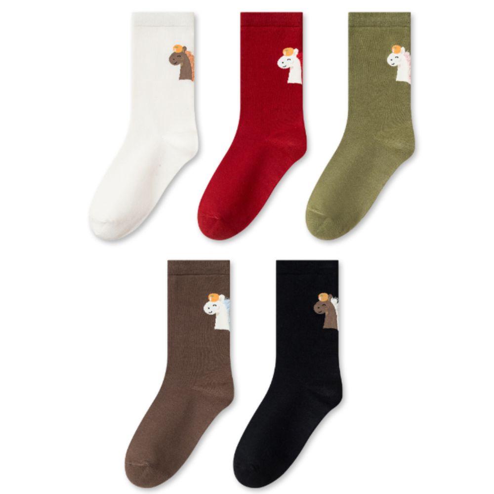 Cartoon Year of The Horse Socks Mid Calf Zodiac Year Cotton Socks Cute New Year Tube Socks Women
