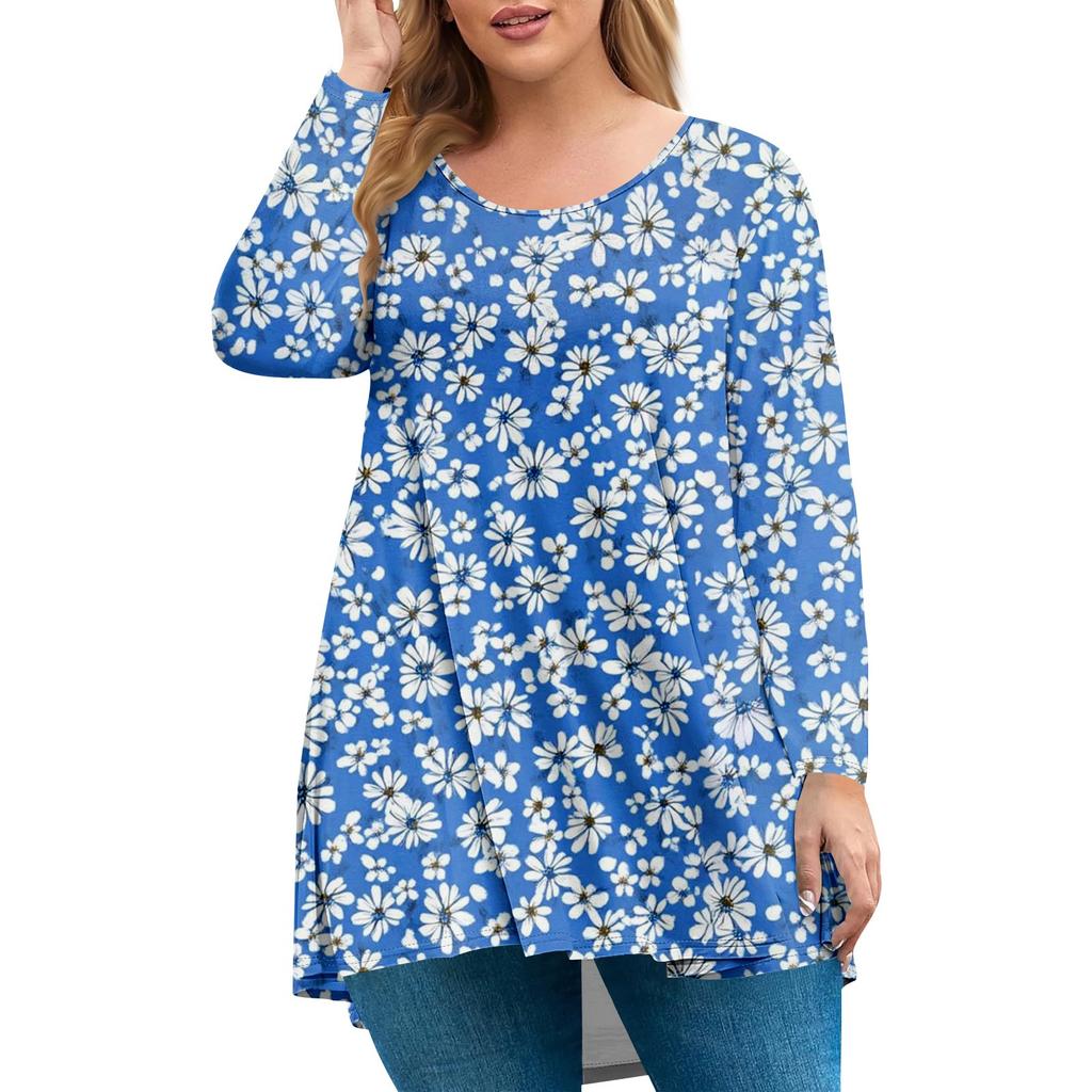 Women's Plus Size Top, Garden Collar Long Sleeved Shirt, Fashionable Floral Print Casual Top