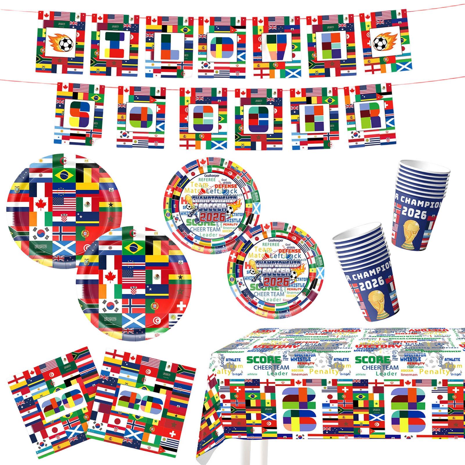 

World Cup Theme Party Decorations Banner Plates Cups Napkins Tablecloth Soccer Flags International Celebration Set One Size