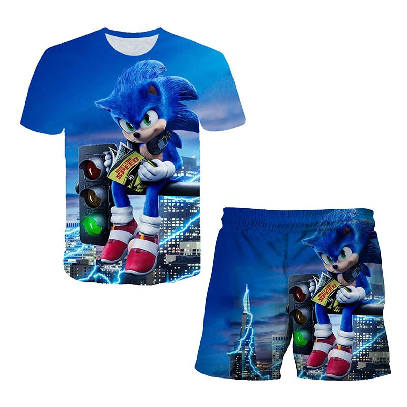 2025 MINISO Ny Japansk Tecknad Sonic 2 T-shirt Barnens Topp Shorts Tvådelat Set Sommar Pojke Tecknad Söt SONIC T-shirt+ Strandbyxor