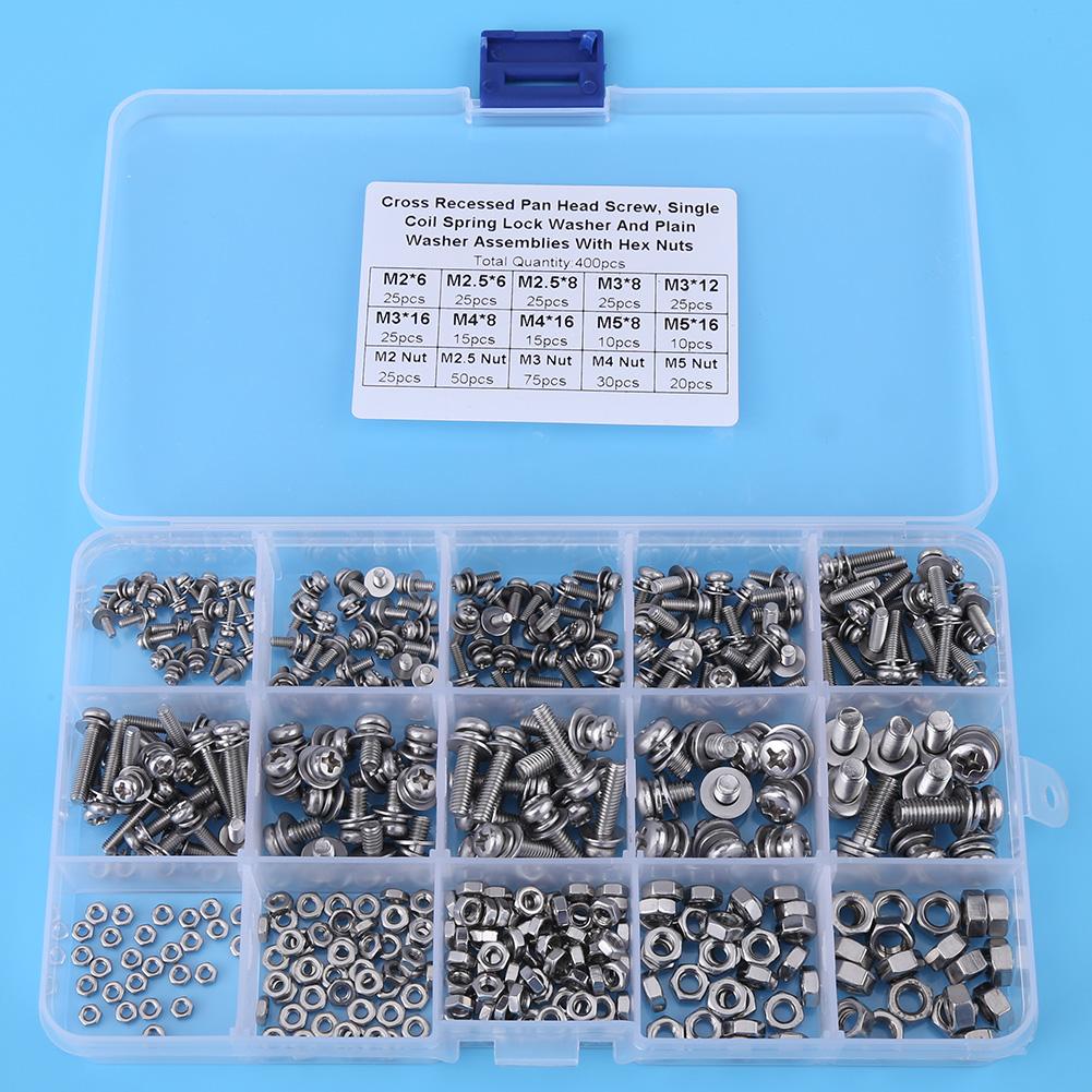 400pcs M2 M2.5 M3 M4 M5 Cross Pan Head Screws Nuts And Washer Kit