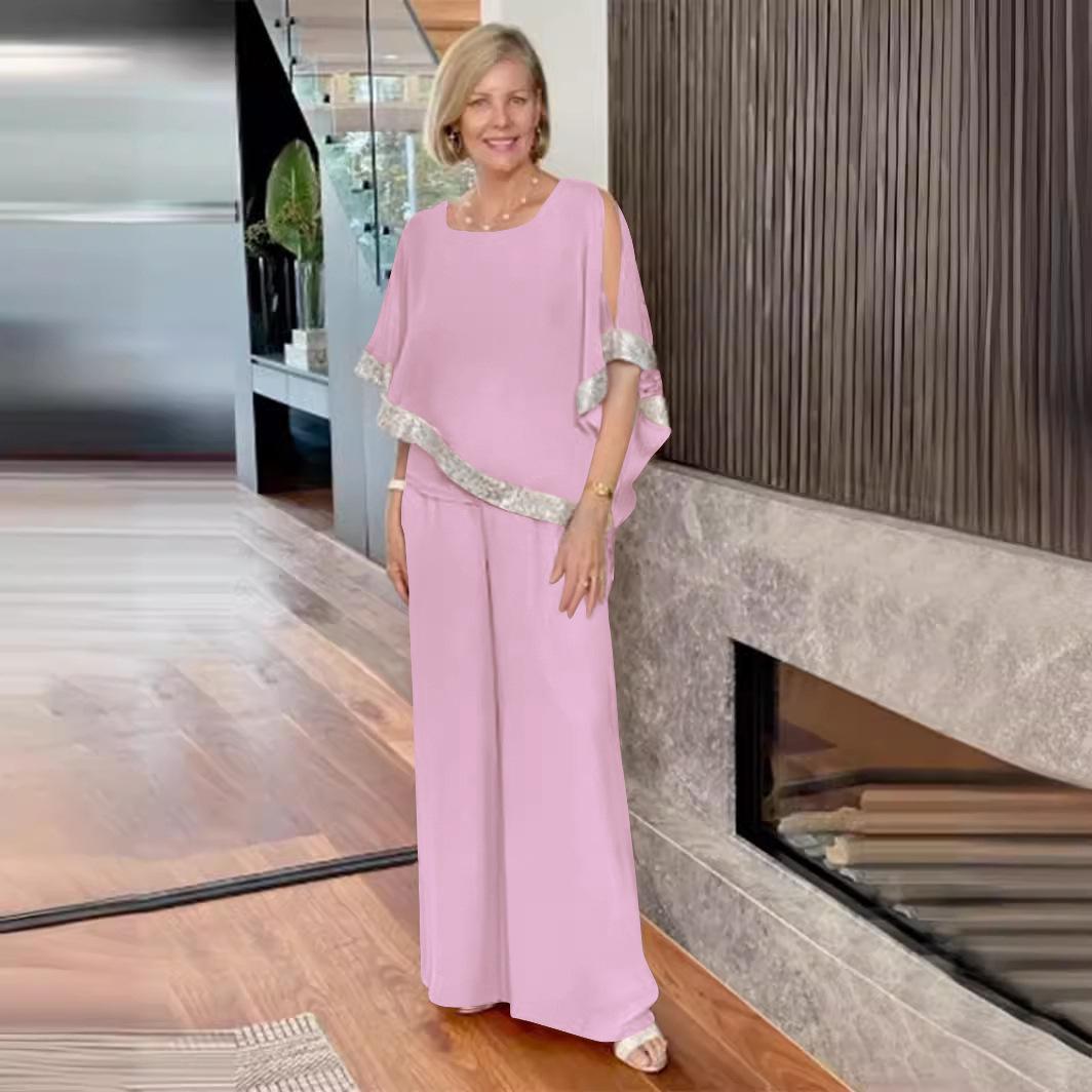 

Топ с рукавами «летучая мышь» и брюки широкого кроя с пайетками и цветными блоками, комплект весна/лето 2025 XXL розовый