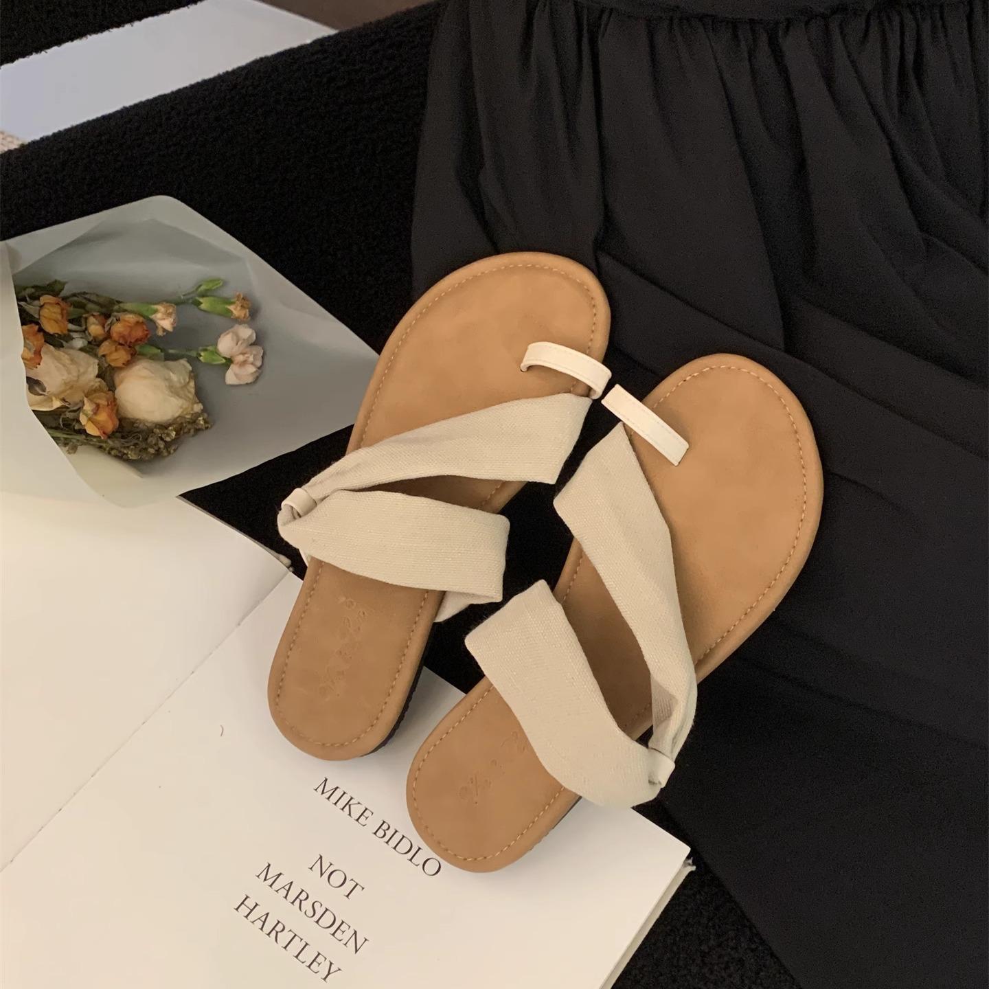 

Summer linen slippers women s new cover toe casual sandals beach shoes seaside vacation soft flat Roman shoes 35