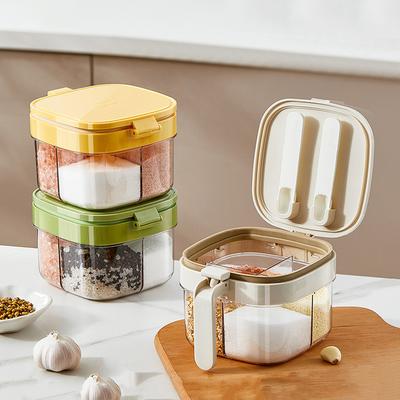 Seasoning Box With Lid And Spoon, 4 Compartment Spice Pots With Handle, Home Kitchen Condiment Jars For Sugar Salt Pepper