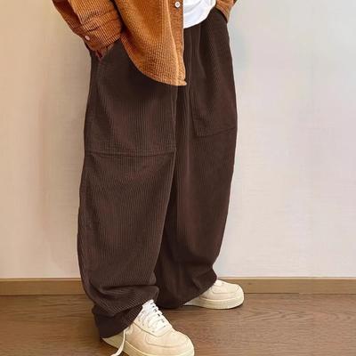 Autumn Winter Men's Beige Corduroy Wide Leg Pants Casual Loose Balloon Trousers Pockets