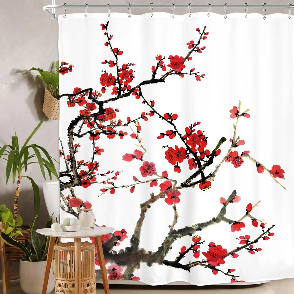 Pink Cherry Blossom Peach Blossoms Shower Curtain Set Flowers White Background Girl Bathroom Polyester Cloth Screen 12 With Hook