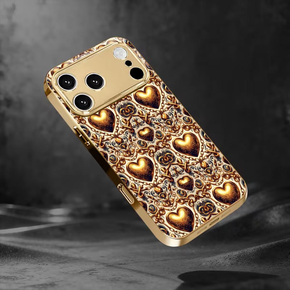 Gold Heart Pattern Prin fashion phone cases phone case fundas carcasa Glass Phone Case for iPhone 17 16 15 14 13 12pm Pro Plus