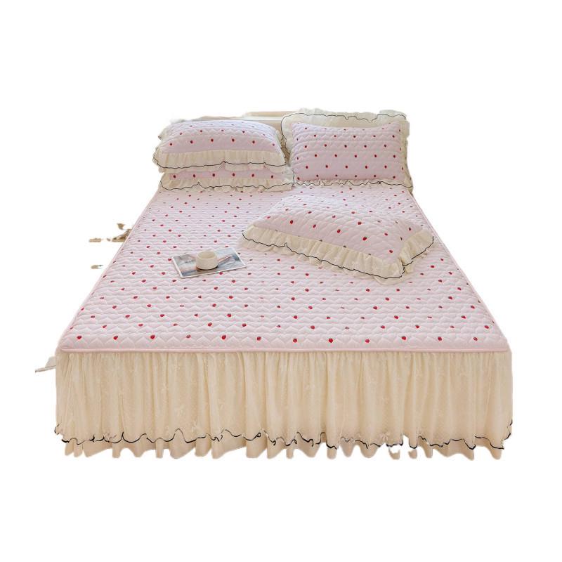 Korean Style Crinkled Gauze Quilted Bed Skirt with Fresh Lace Trim - Non-slip Home Bedding Set