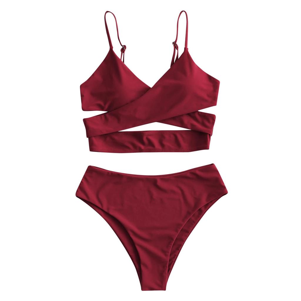 Women's High Waist Two Piece Swimsuit with Cross Wrap Straps Adjustable Spaghetti Straps Bikini Set for Beach Pool Swimwear