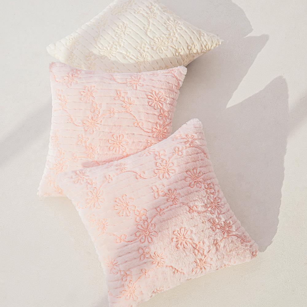 Short Plush Embroidered Pillow Living Room Sofa Cushion Cover Ins Style Soft Bedside Backrest Cute Rabbit Fur Pillow Cover