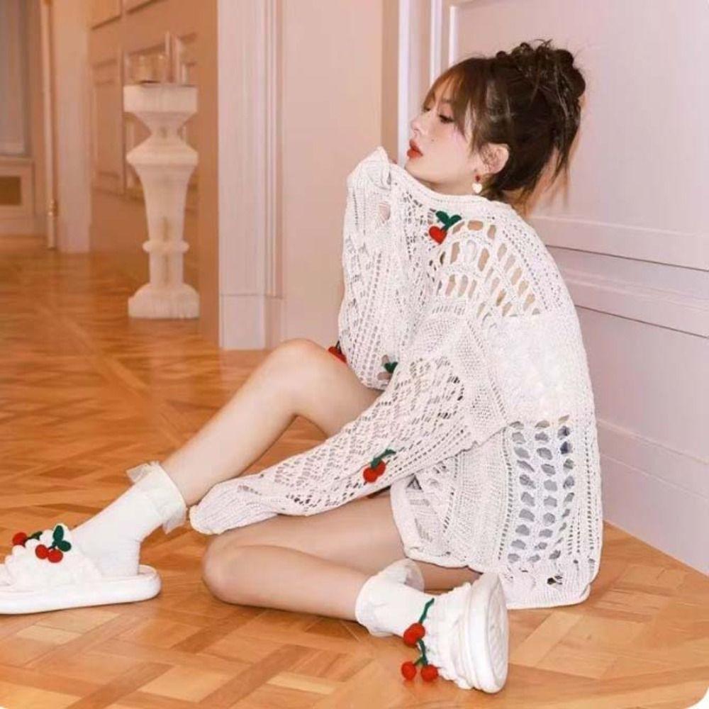 

Cherry Crochet Pullovers Crew-neck Sweater Women Sweet Retro Fishnet Smock Tops Sunscrean абрикосовый