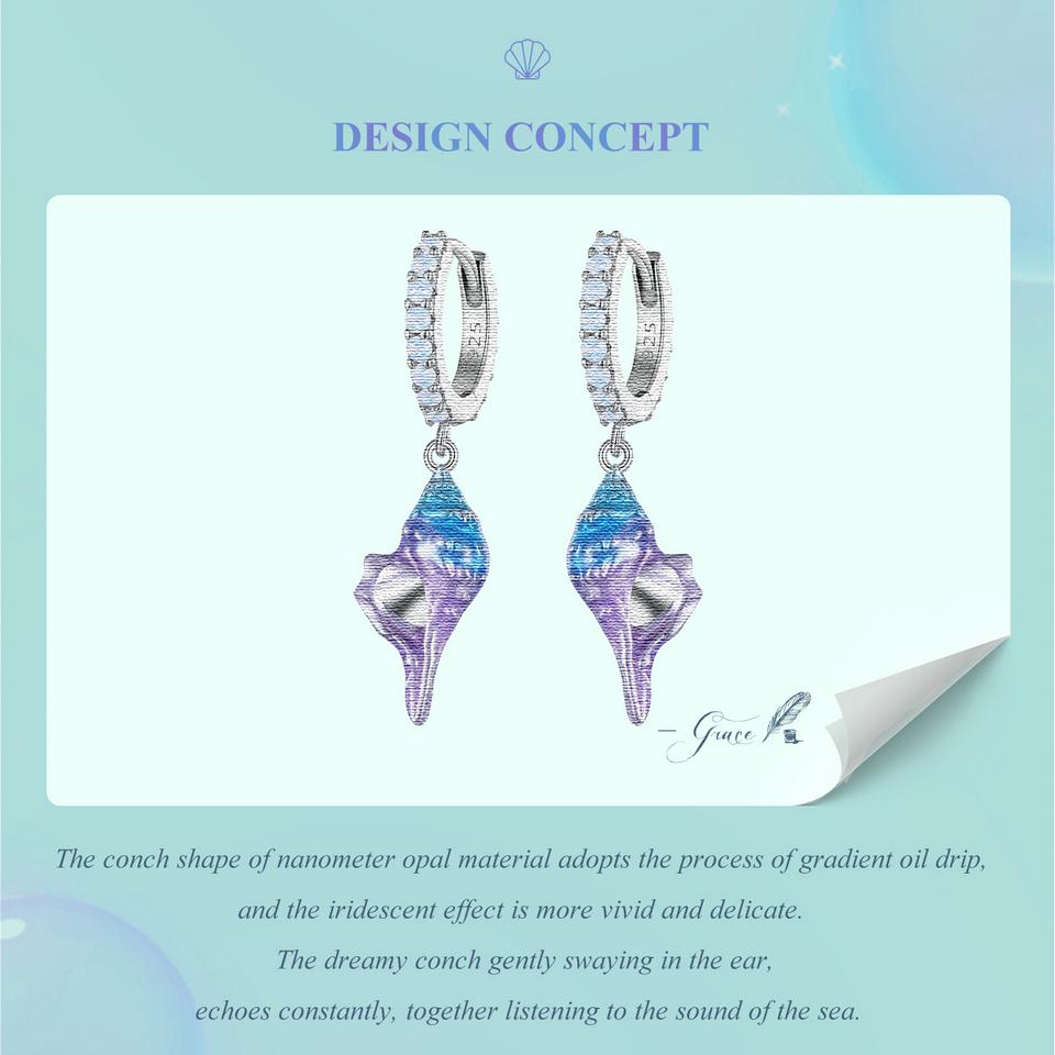 BAMOER 925 Sterling Silver Dreamy Gradual Change Blue Conch Ear Buckles Sea Shell Drop Earrings for Women Ocean Series Jewelry