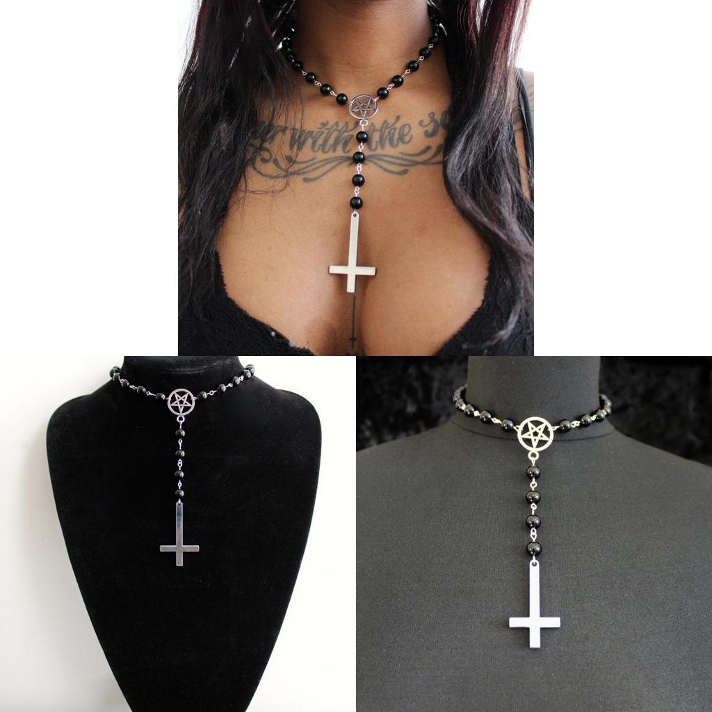 Geometric Alloy Pendant Necklace With Pentagram And Inverted Cross For Women