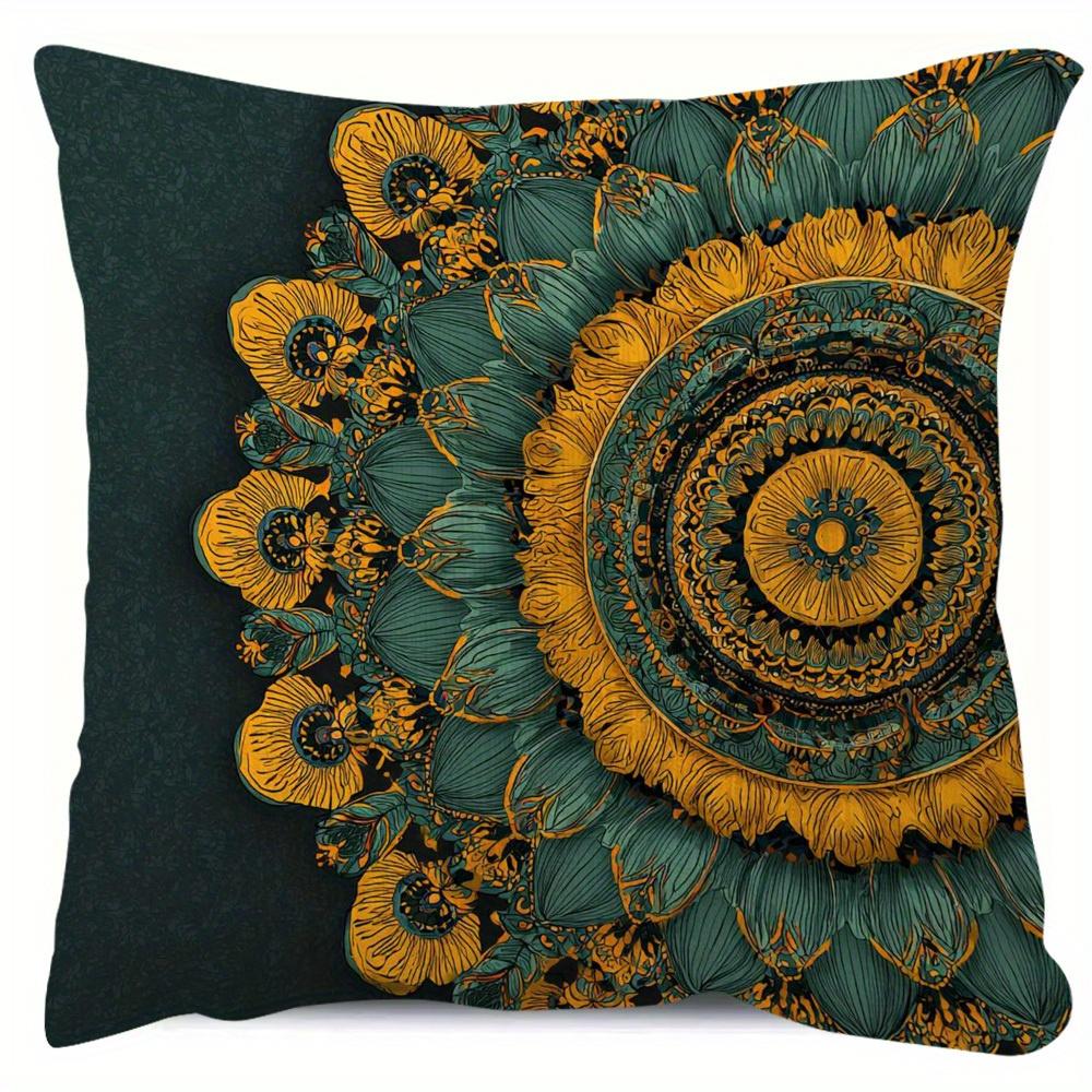 1Pc Boho Sunflower Mandala Pillow Cover, Polyester 2D Double-Sided Print, Teal & Gold Floral Mandala Art, Bohemian Home & Car De
