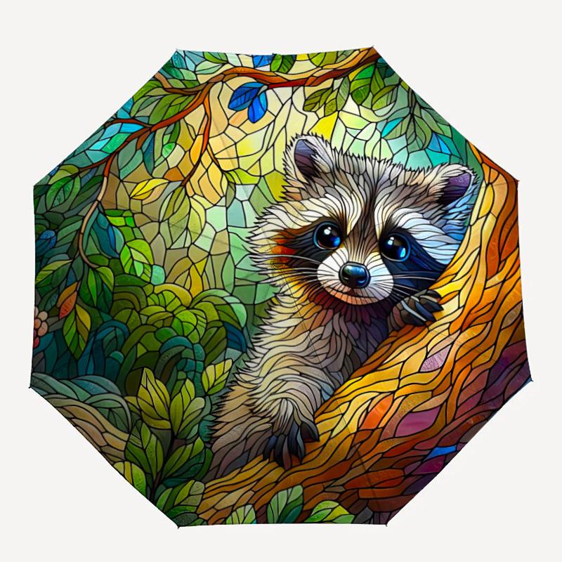 

1pc Stained Glass Raccoon Auto Folding Umbrella, Sturdy And Durable Automatic Folding Umbrella with 8 Ribs, Convenient for Outdoor Use075