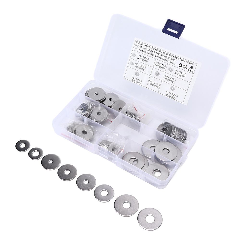 90PCS Penny Repair Washers Flat 8 Sizes Assorted 304 Stainless Steel Universal for Cars Trucks