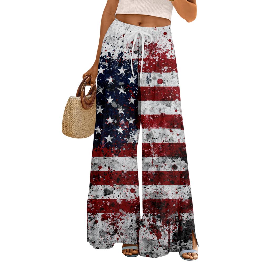 Women Summer Boho Palazzo Pants High Waist Wide Leg Floral Printing Casual Trousers With Pockets