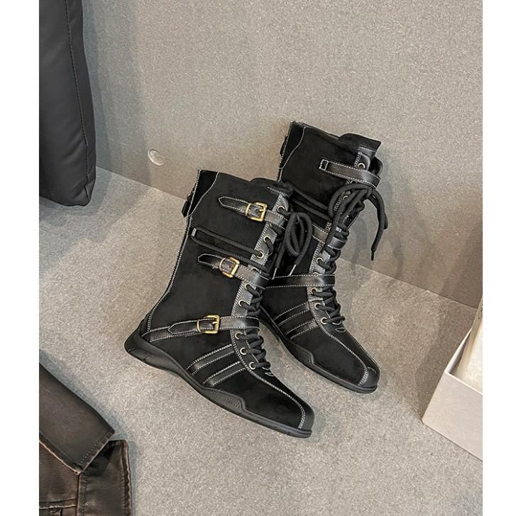 Retro round head splicing lace-up thick-soled Martin boots women's 2025 new niche belt buckle versatile German training boxing boots