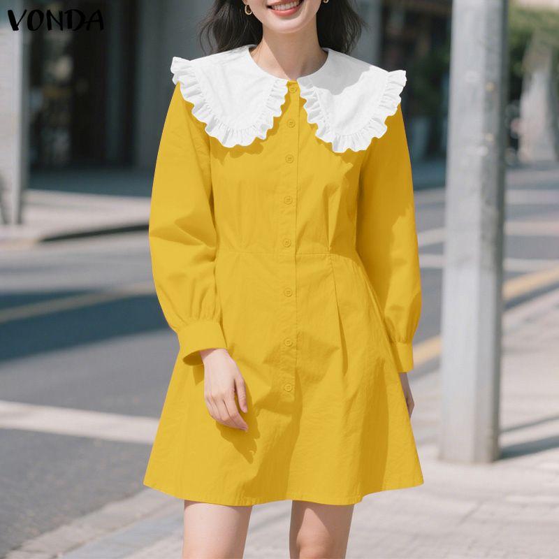 VONDA Women Patchwork Casual Doll Collar Long Sleeve Slim Waist Mini Dress