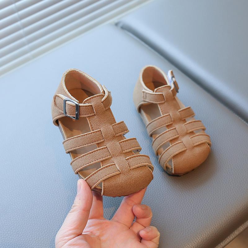 Boys Girls Closed-toe Leather Sandals New Summer Toddler Beach Sandals Soft Sole Simple Retro Trendy Kids Barefoot Shoes