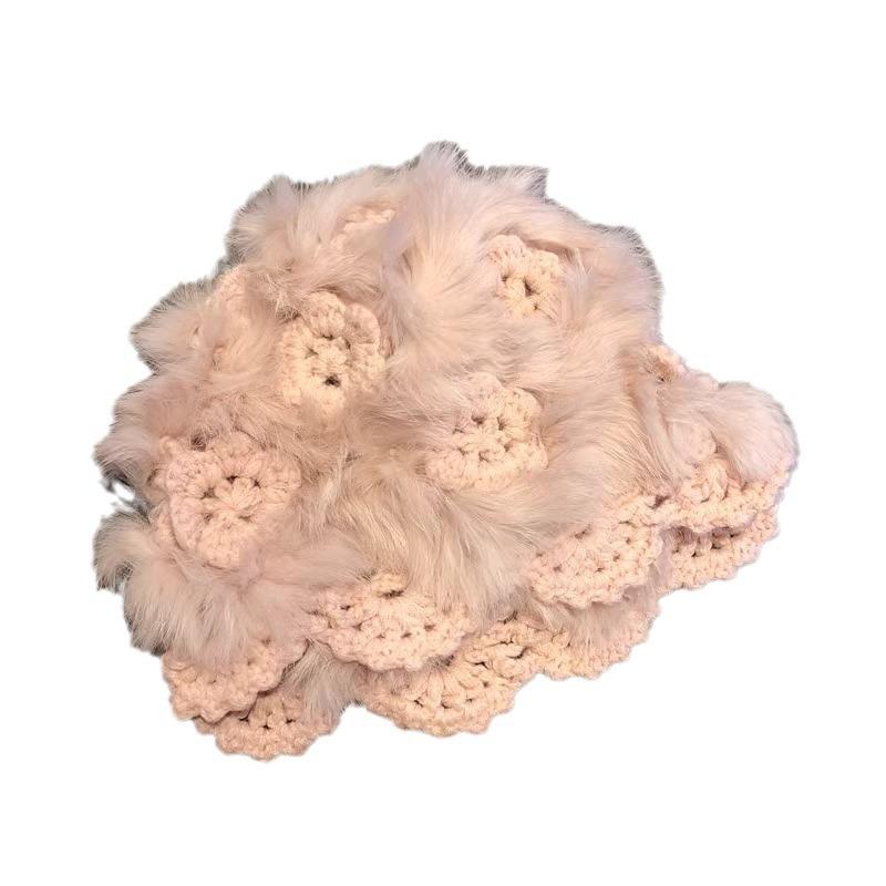 New Winter Handmade Hooked Rabbit Hair Knit Hat for Women White Plush Korean Style Versatile Warm Outdoor Head Hat