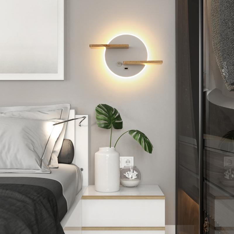 Modern LED Wall Lamp With Switch USB Charging Port Shelf Bedroom Bedside Light Indoor Moon Night Decoration Lighting Fixture