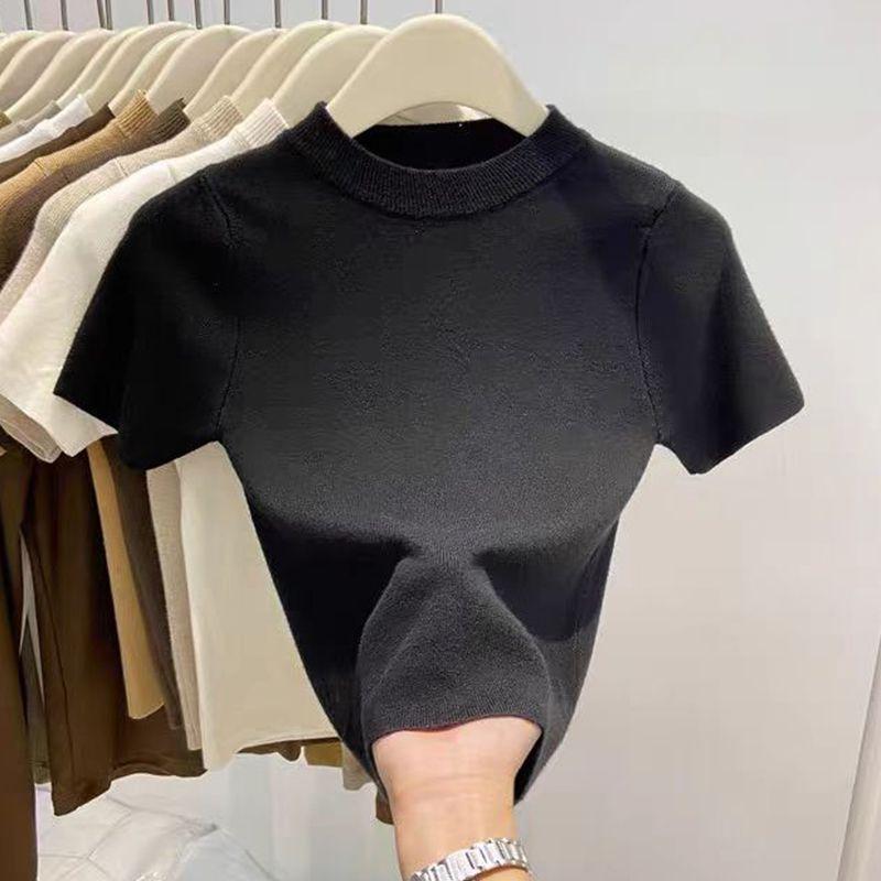 

Большая распродажа Выборка утечек Европейские товары Женская одежда Срезанная этикетка Трикотаж с круглым вырезом Футболка с коротким рукавом Прилегающий Облегающий Внутренний Пуловер Топы Тренд Black S