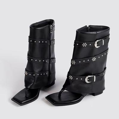 Fashion Liyke Ins Style Fashion Rivet Metal Buckle Ankle Boots For Women Low Thick Heels Party Shoes Clip On Square Toe Summer Booties