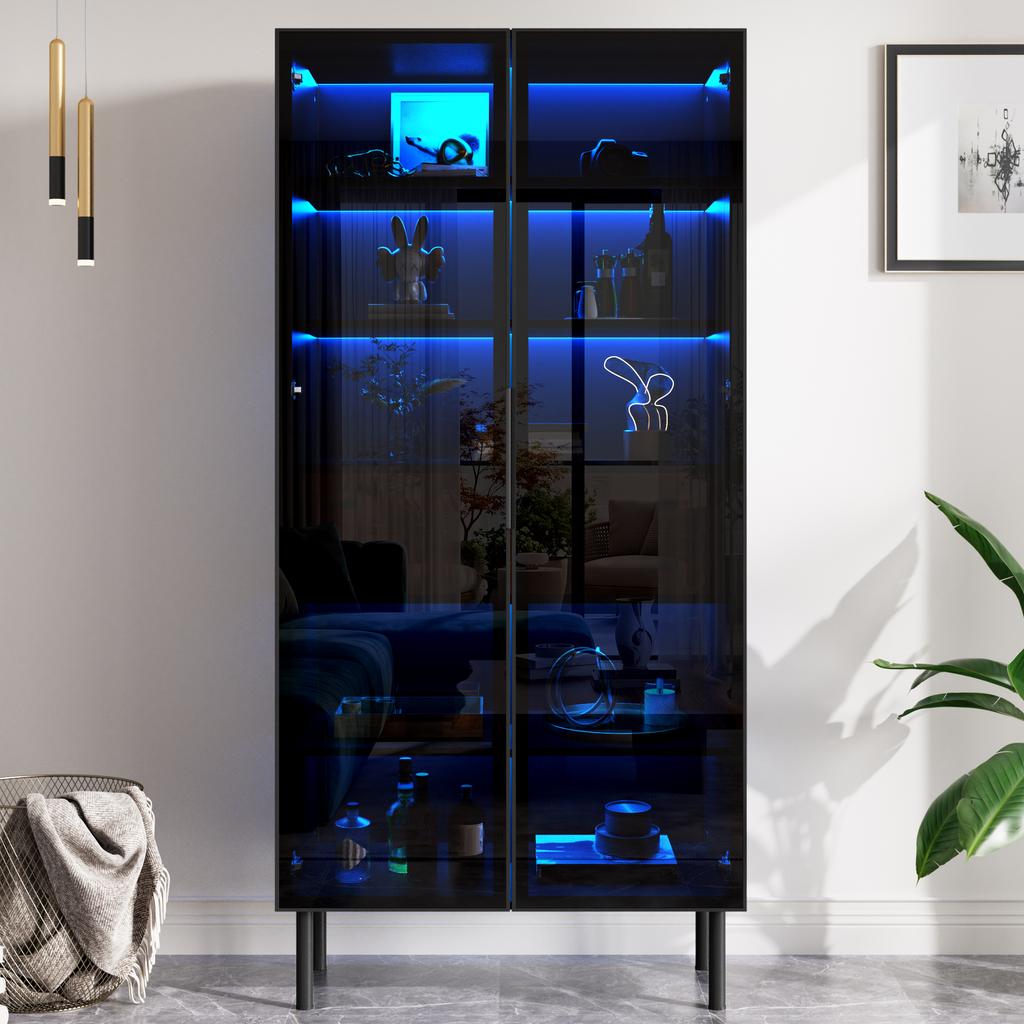 Vitrine mit Glastüren, LED-Beleuchtung App-gesteuert, 2 Schubladen, Innenböden, Aufbewahrungsschrank mit Glasfront