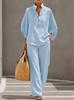 Women's Solid Color V-neck Suit with Drop Shoulder Sleeves, Casual Pocket Top & Straight Leg Pants