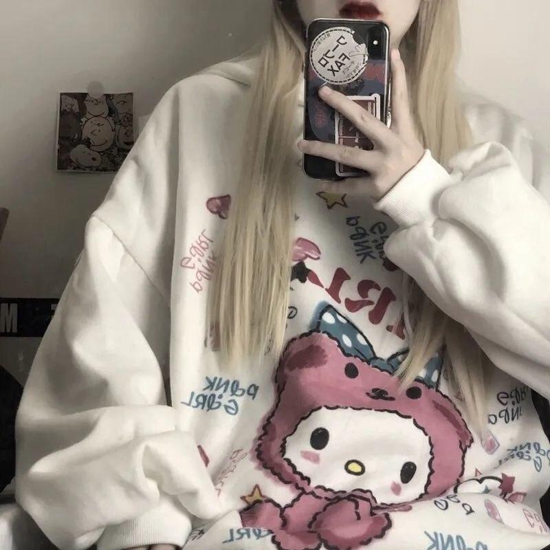 Felpa con cappuccio Kawaii Harajuku per donna Felpa coreana Felpa con stampa Anime Vintage Rosa Felpa con cappuccio oversize Vestiti carini Top per ragazze