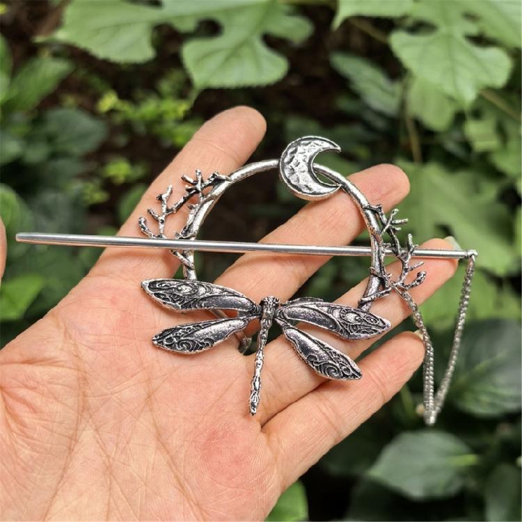 Antique Silver Dragonflies Moon Hairpin Artistic Hair Styling Accessory For Women Secure Various Hair Types Decoration