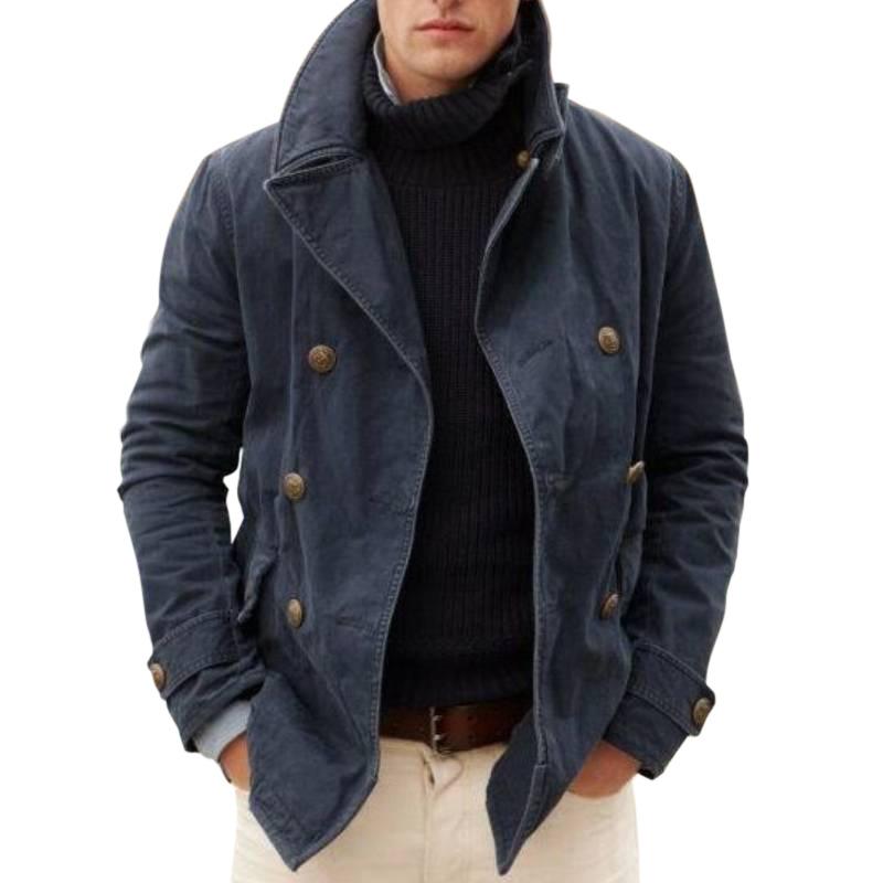 Men's Navy Blue Double Breasted Trench Coat with Black Turtleneck and Light Pants