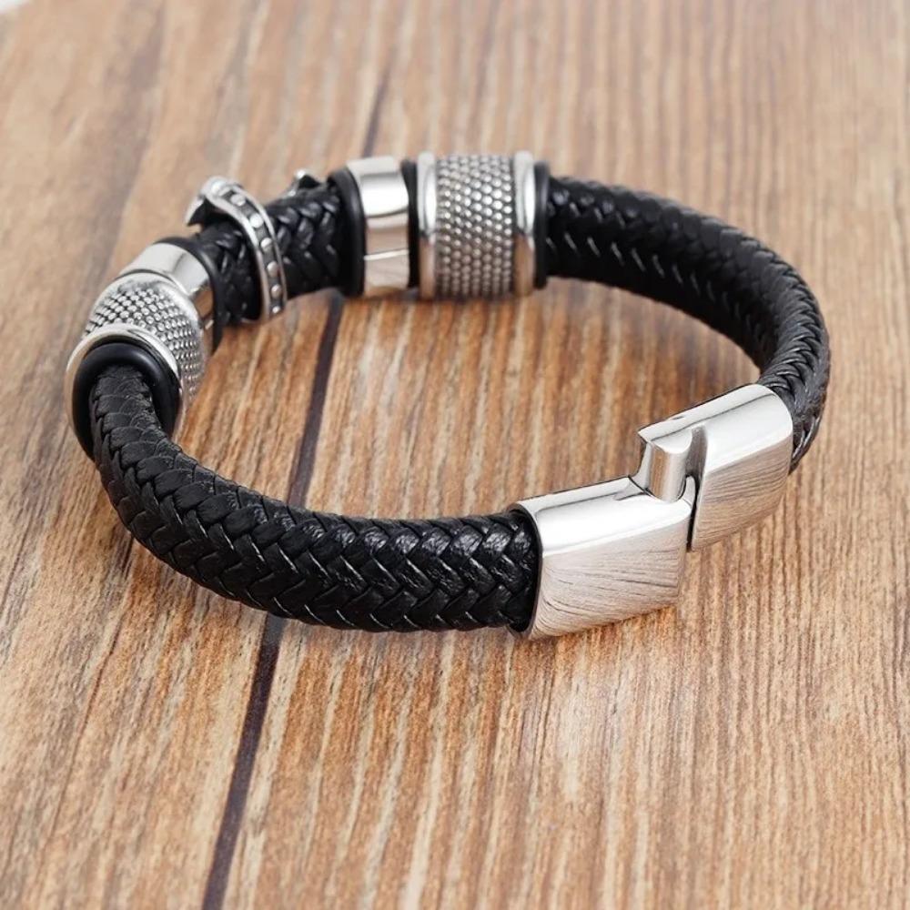 Luksus Herrearmbånd Kors Titanstål Vintage Motesmykker Lær Flettet Trend Personlighet Hot Selling Armbånd
