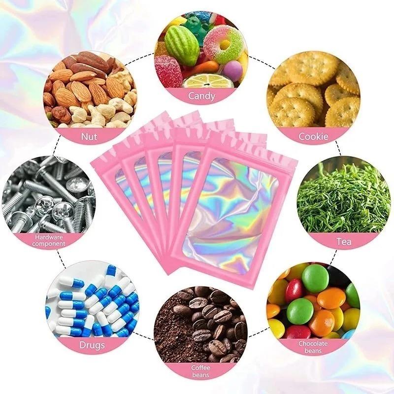 50 Adet Koku Geçirmez Mylar Torbalar Tekrar Kapatılabilir Koku Geçirmez Torbalar Küpeler Yüzükler Mücevher Telefon Kılıfı Kozmetik Depolama Holografik Ambalaj