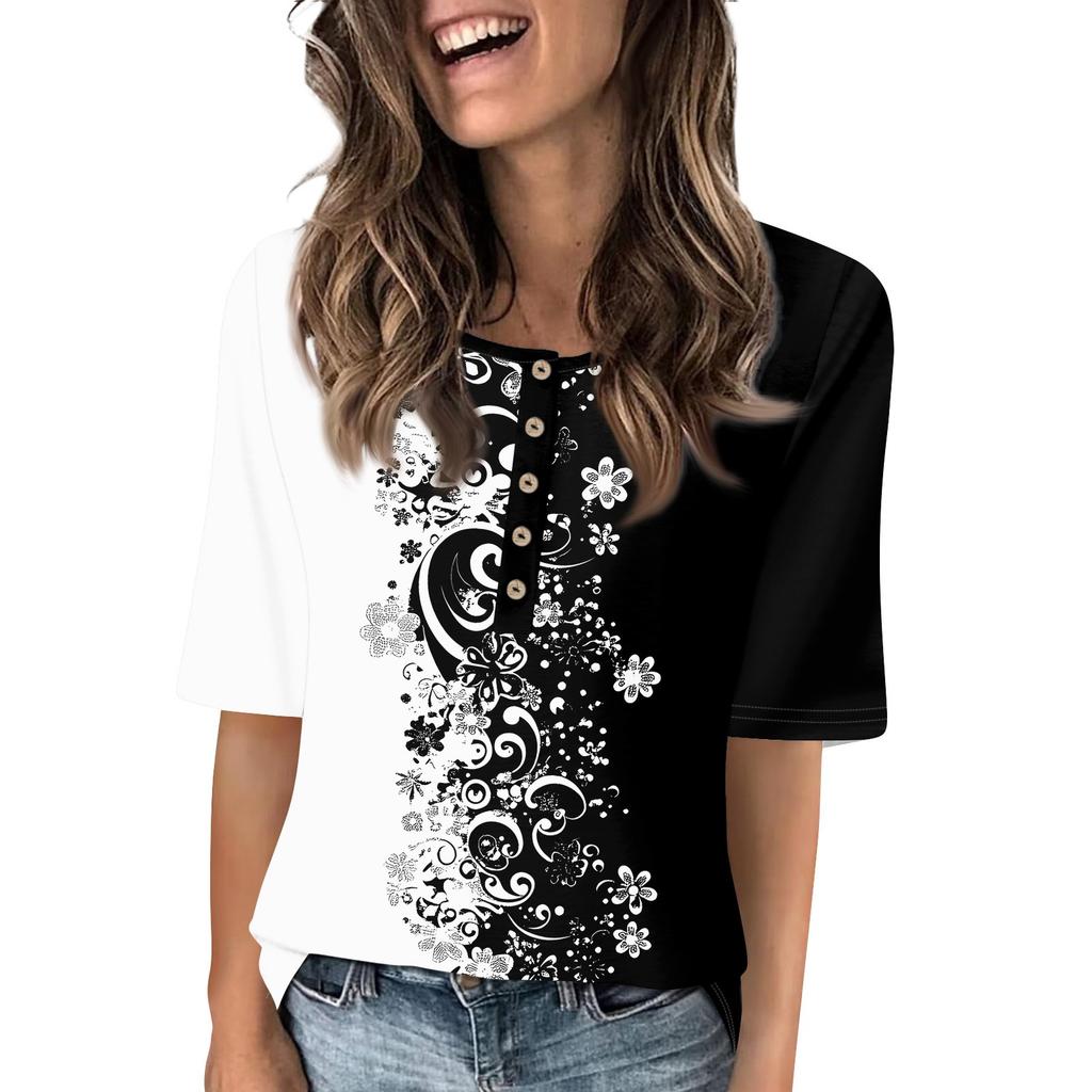 Shirts For Women Trendy Round Neck Button T Shirts Printed  Blouse Half Sleeve Tops For Women