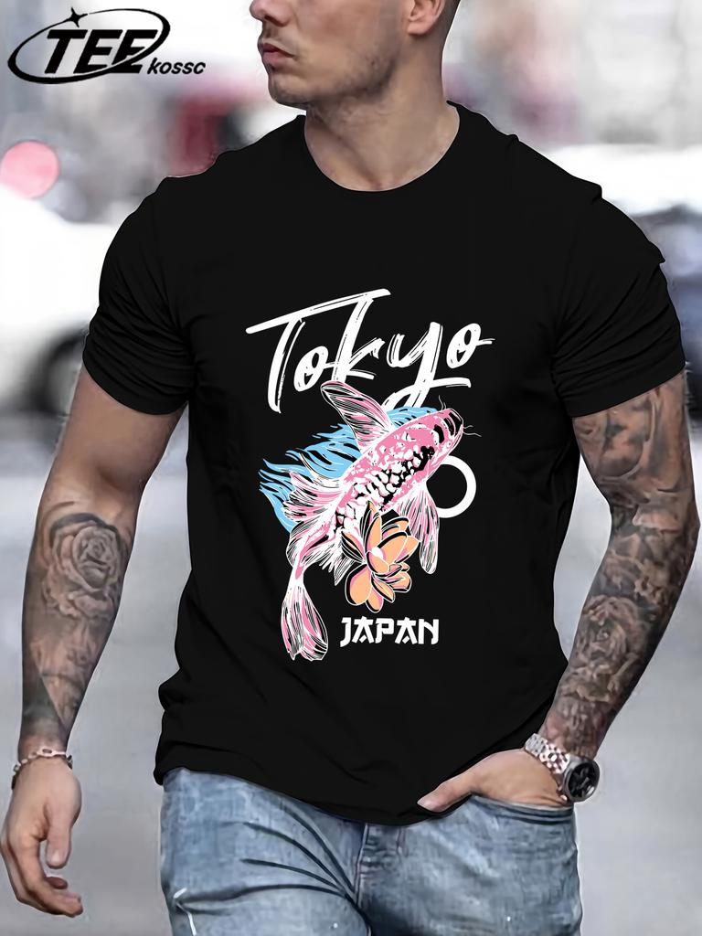 Tokyo Japan Flower Koi Print Men T Shirts Hip Hop AllMatch Short Sleeve Cotton Summer Clothes Casual Oversize Trendy Sportswear