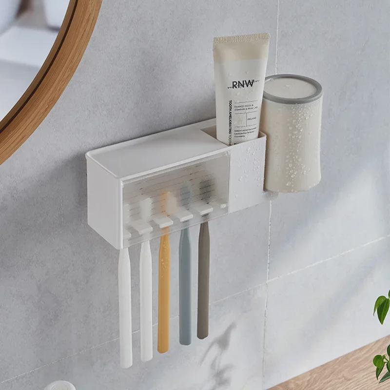 Punch-Free Japanese Wall-Mounted Bathroom Set: Toothbrush Holder & Mouthwash Rack